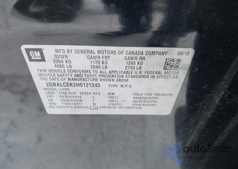 2017 Chevrolet Equinox Lt z USA, uszkodzony, nr VIN 2GNALCEK2H6121243